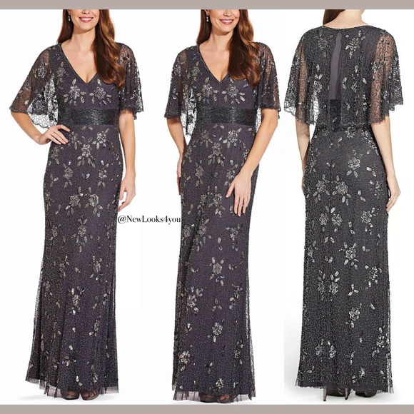 NWT Adrianna Papell Floral Beaded Mermaid‎ Capelet Gown in Gunmetal [SZ 2 ] - Picture 1 of 13
